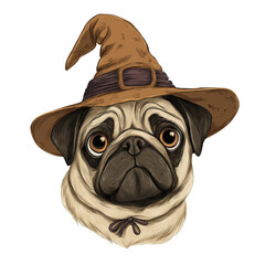 Cute Pug Illustration Wearing Witch Hat on Transparent Background for Halloween