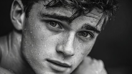 Fototapeta premium Intense close up of a young man's face glistening with sweat, conveying determination and raw emotion in a dramatic black and white portrait.
