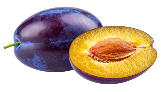 A ripe, juicy fruit with one half sliced, revealing a fleshy interior and seed