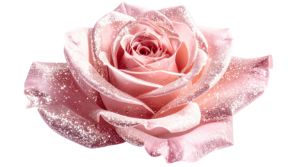 A delicate pink rose, dusted with shimmering glitter, isolated on a transparent backdrop