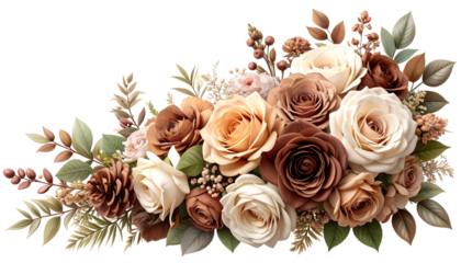A lush floral arrangement showcasing roses and leaves in warm, muted tones