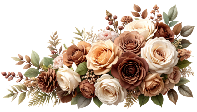 A lush floral arrangement showcasing roses and leaves in warm, muted tones