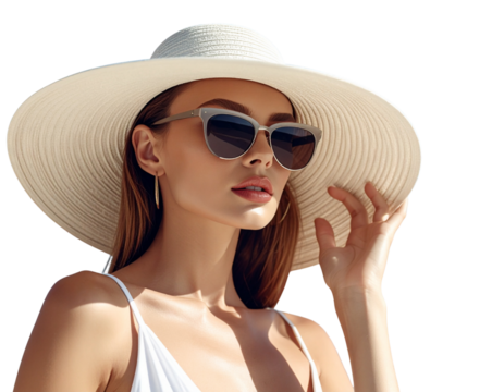 Elegant minimalism- woman with wide brim hat and sunglasses under clear blue sky for