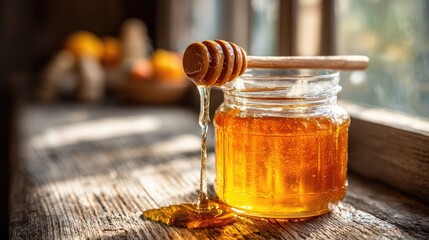 Golden Honey Dripping From Wooden Dipper Into Jar