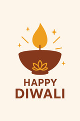 Vector illustration of a traditional Diwali oil lamp (diyas) with a glowing flame and stars, accompanied by the text 'Happy Diwali,' celebrating the festival of lights and joy.