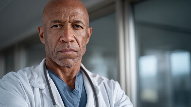 In a bright hospital corridor, a bald African-American male doctor showcases his commitment to healthcare. Dressed in a white coat, he stands with a serious expression, ready to assist patients - Powered by Adobe