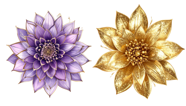Two ornate floral blooms one lavender, one golden, on a black background