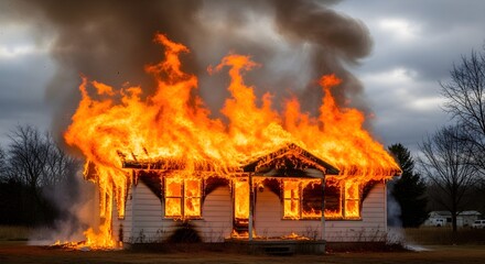 Burning house in massive fire with heavy smoke during emergency disaster
