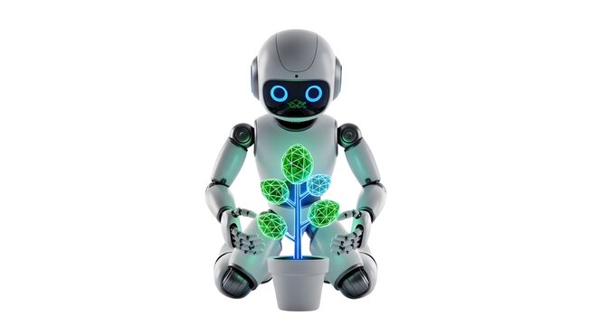 Robot tending to a glowing polygonal plant in a pot on a white background in a studio setting
