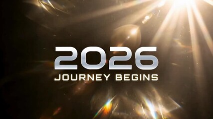 A cinematic film still with dramatic lighting, light rays, and title text "2026 JOURNEY BEGINS" in a moody, futuristic style. - Powered by Adobe