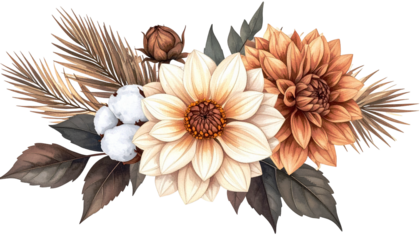 Watercolor floral arrangement with neutral tones, detailed petals, and cotton