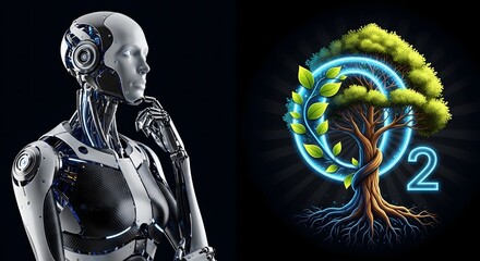 A humanoid robot thinking next to a tree with glowing oxygen symbol on a black background design