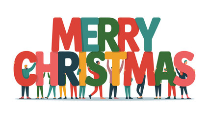 Christmas Joy: A group of individuals coming together to hold up the words Merry Christmas in a vibrant display of festive cheer and unity.