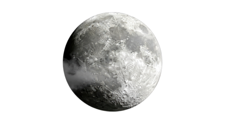 Detailed Realistic Full Moon With Craters And Surface Texture Illuminated By Distant Starlight Against A Deep Black Void With Wisps Of Nebulous Cloud Formation