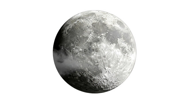 Detailed Realistic Full Moon With Craters And Surface Texture Illuminated By Distant Starlight Against A Deep Black Void With Wisps Of Nebulous Cloud Formation