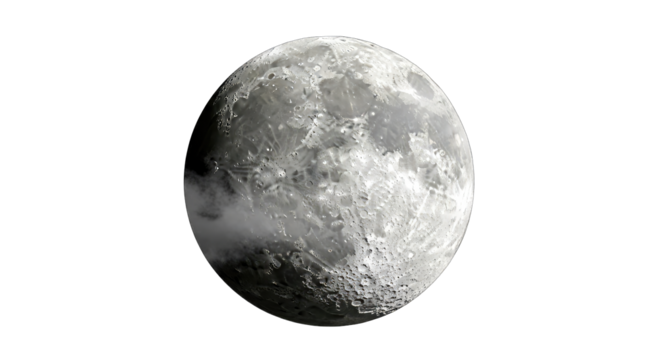 Detailed Realistic Full Moon With Craters And Surface Texture Illuminated By Distant Starlight Against A Deep Black Void With Wisps Of Nebulous Cloud Formation