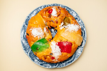 Merry Christmas cake with nuts - Bolo Rei is a traditional Xmas cake with fruits raisins nut and icing