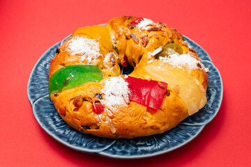 Merry Christmas cake with nuts - Bolo Rei is a traditional Xmas cake with fruits raisins nut and icing