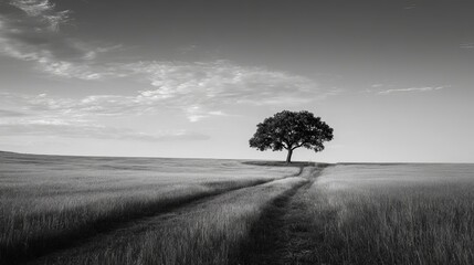 Obraz premium Dramatic lone oak tree stands majestically in a vast, sunlit field with a winding path leading towards it under a cloudy sky.