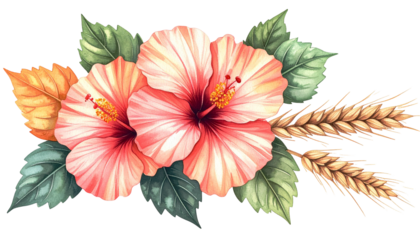 Watercolor floral arrangement with two hibiscus, foliage, and wheat