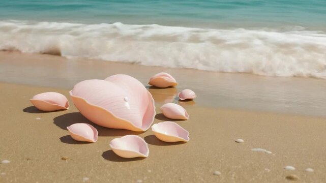 Heart Shaped Shell on Sandy Beach with Gentle Waves.