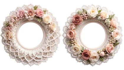 Two decorative circular frames adorned with flowers and intricate lace detailing