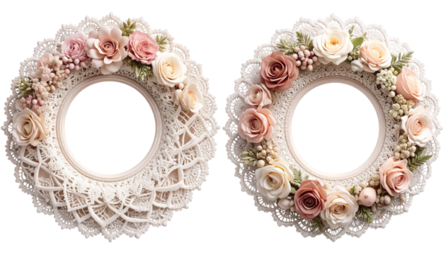 Two decorative circular frames adorned with flowers and intricate lace detailing