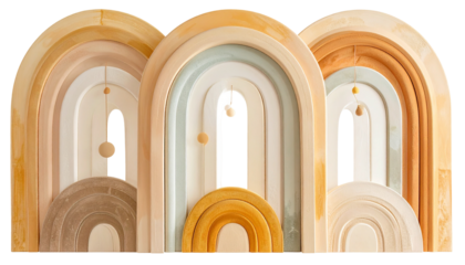 Pastel-toned, arched wall decor with layered semi-circles and hanging spheres