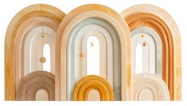 Pastel-toned, arched wall decor with layered semi-circles and hanging spheres