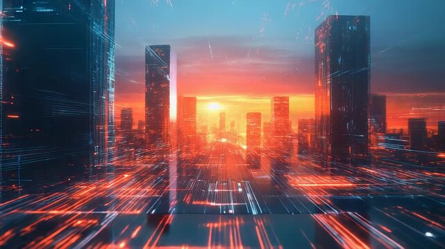 Futuristic digital cityscape experiencing data flow at sunset