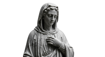 Detailed Sculpture of a Sorrowful Woman in White Marble with Hood and Draped Robes Showing Divine Grace and Graceful Pose Against a Stark Black Background