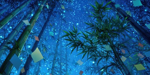 Bamboo forest at night with floating papers under a starry sky