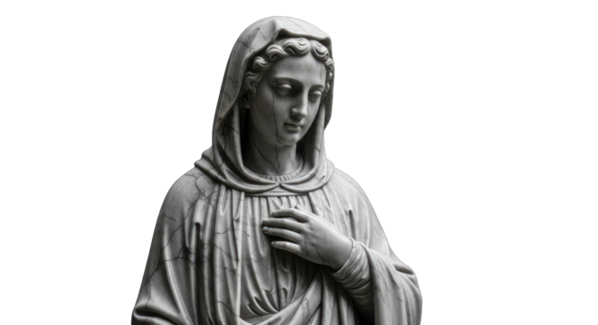 Detailed Sculpture of a Sorrowful Woman in White Marble with Hood and Draped Robes Showing Divine Grace and Graceful Pose Against a Stark Black Background
