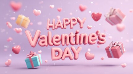 Happy Valentine’s Day: Floating Gifts, Hearts, and Pink Balloons on a Soft Purple Background