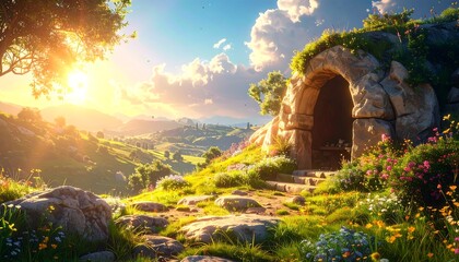 Stone cave entrance in a vibrant grassy valley, illuminated by a bright sun, creating a serene, peaceful atmosphere
