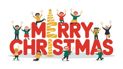Joyful Christmas Celebration: Illustrative holiday scene, festive words of Merry Christmas and kids holding sparklers