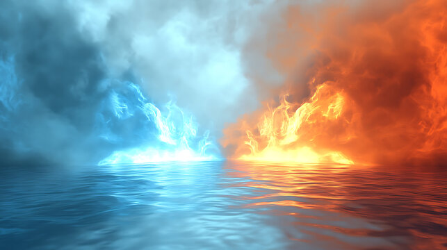 A dramatic collision of blue and orange fire and smoke meeting over a reflective water surface symbolizing opposing forces or contrast