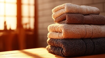 Luxurious stacked towels bathed in warm golden sunlight create a serene, spa-like atmosphere for relaxation and comfort