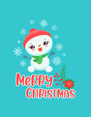 Kawaii Christmas snowman wearing scarf and winter hat. Cute Merry Christmas greeting card. Adorable Japanese chibi snowman, hand drawn snowflakes, poinsettia, fir twig. Holiday gift card or label.