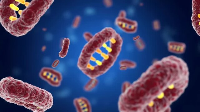 Microscopic view of mitochondria the powerhouses of the cell floating in a blue biological fluid illustrating cellular energy production and biological processes in a scientific context.