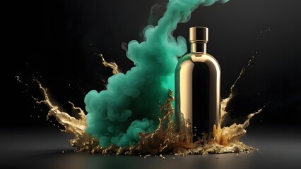 Opulent Golden Bottle Amidst Dynamic Teal Smoke and Explosive Gold Splash on a Dark Background