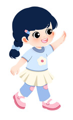Charming illustration of a cheerful young girl with a braid waving hello in a light blue shirt and skirt
