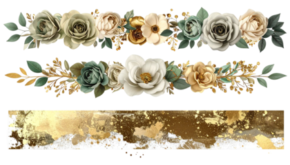 Elegant floral arrangements and a gold-speckled banner on a transparent background