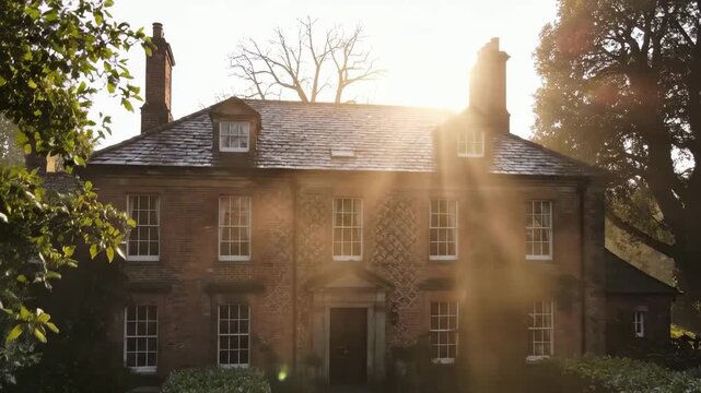 Golden hour sun filters through bare trees onto a brick two-story house, dormer windows a centered entrance and hedges with ivy framing a calm,classic residence in warm glow - georgian home