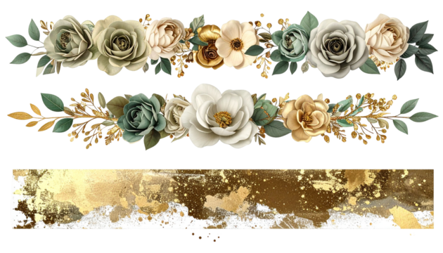 Elegant floral arrangements and a gold-speckled banner on a transparent background