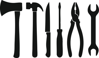 Collection of Essential Hand Tools in Silhouette: Hammer, Axe, Knife, Screwdriver, Pliers, and Wrench on White Background for Construction, DIY, and Repair Work Concept