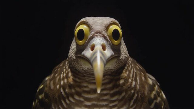 Wide-Eyed Hawk Closeup, Surprised Falcon Expression with Yellow Eyes on Dark Background

