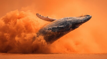 Fototapeta premium Powerful Humpback Whale Breaching Through Dramatic Orange Energy