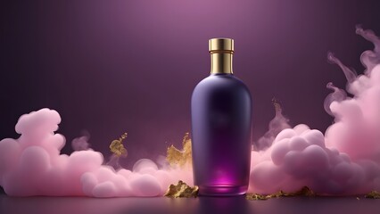 Elegant Purple Bottle with Golden Cap Amidst Ethereal Pink Smoke and Glistening Gold Particles on a Moody Gradient Background