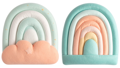 Pastel rainbow-shaped cushions with clouds, creating a whimsical, cozy aesthetic